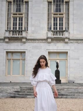 LINEN TALES Optical White Stone Washed Linen Fantasiaa Dress Layered Ruffle VGUC